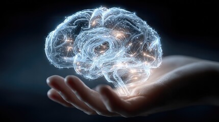 Hand presents glowing brain hologram in dark environment, symbolizing artificial intelligence, neuroscience advancement, and immersive innovation in digital knowledge systems.