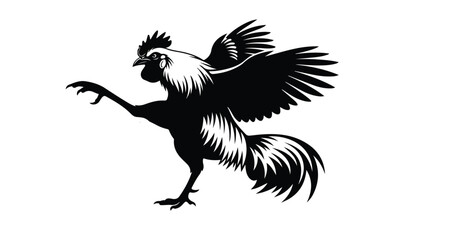 A stylized black and white illustration of a rooster with wings spread on a white background