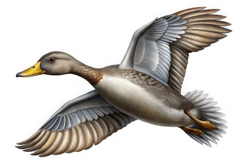 Mallard duck in flight against a black background