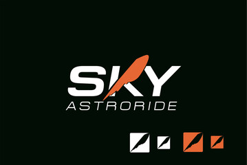 Modern and dynamic 'Sky Astroride' logo design with abstract bird motif and variations for branding