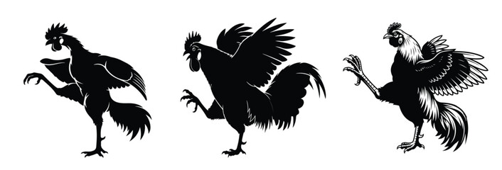 Three black and white rooster silhouettes in various poses with wings spread and legs raised high up