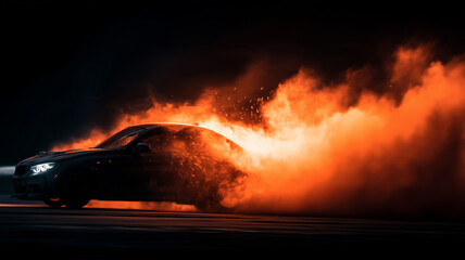 Fast car racing through flames in an intense display of speed and power