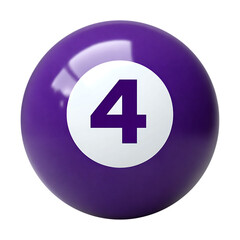 3d purple pool ball number 4 isolated on transparent background