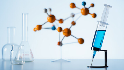 Laboratory science equipment with molecular model structure and syringe for medical research chemistry education pharmaceutical development