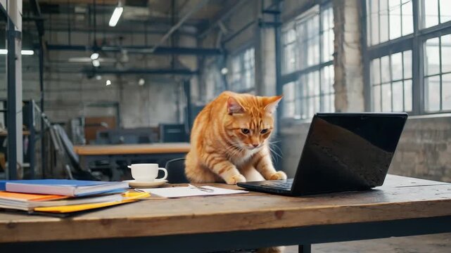 An orange tabby cat sits at a desk, typing on a laptop. The workspace features a coffee cup and scattered papers in a modern office environment.