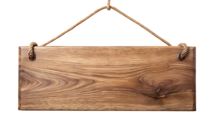 A rectangular wooden sign with natural grain texture is hanging by a thick rope against a clean transparent background