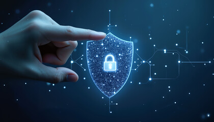 Digital cybersecurity shield protection concept with hand gesture and glowing lock symbol network technology business security data privacy