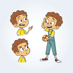 a character illustration of a boy with different facial expressions. and football in his hand