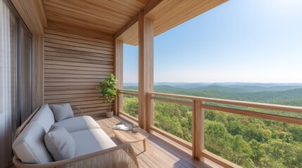 Wooden balcony with a view of rolling hills.