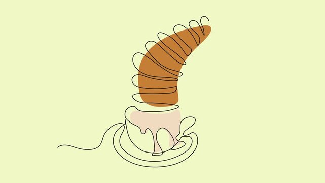 Self-drawn picture of a croissant with its tip dipped into a cup of coffee or tea with one solid black line on a white background. 4K animation