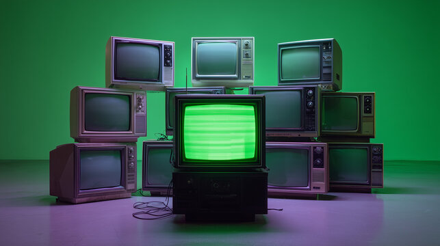 stack of retro televisions with glowing green screen in a dark room, vintage media installation with static effect - Powered by Adobe