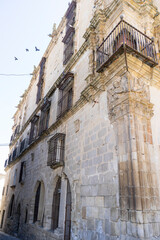 Historic building in Trujillo, Extremadura showcasing beautiful architectural details and vibrant bird activity
