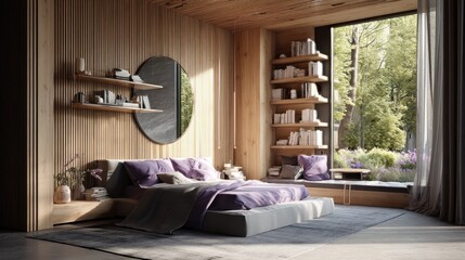 A modern bedroom with wooden walls and a large window.