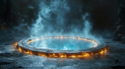Portal shaped dream pool glowing with milky neon, fractal smoke ascending into infinite space