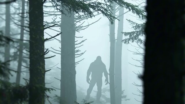 Mysterious creature silhouette in foggy forest with eerie atmosphere