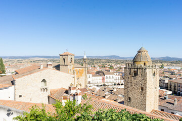 Naklejka premium Historic architecture and panoramic view of Trujillo in Extremadura Spain on a clear day showcasing rooftops and towers