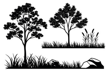 Obraz premium Black silhouette trees grass and rocks landscape elements