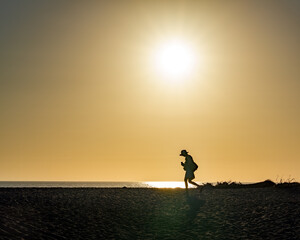 A silhouette crosses the beach beneath a blazing sun