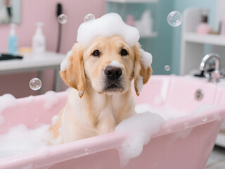 Golden Labrador retriever puppy sits in a pink foam-filled tub, looking curiously with bubbles floating around, in a modern cozy bathroom scene