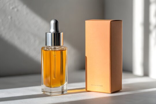Luxury amber serum bottle with dropper and orange packaging on a white surface with sunlight and shadows