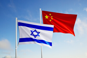 flags of  israel and china over blue sky background.