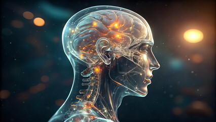 Transparent human head with visible brain and spine, illuminated with glowing points of light