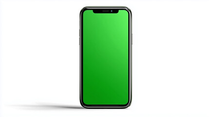 front view realistic standing smartphone with green screen isolated on white background, smart phone chroma key mobile mockup