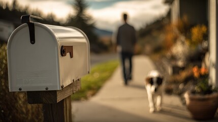 Mailbox Man Dog Walking Suburban