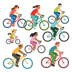 Diverse group of children and adults enjoying bicycle rides outdoors