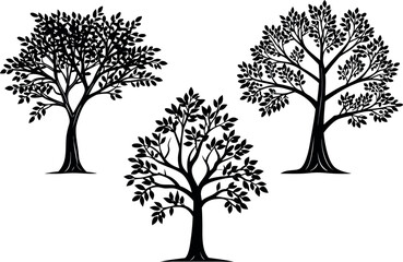 Three black silhouette trees with leaves on white background