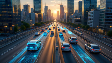 Obraz premium Urban Commute Highway: A futuristic cityscape features self-driving cars navigating a high-speed highway, bathed in the warm glow of a setting sun and a vibrant urban environment.