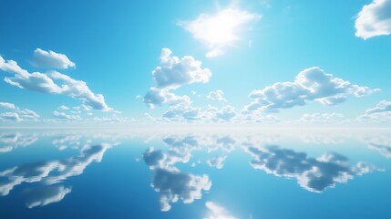 Clear salt flat horizon showing symmetrical reflection of bright blue sky and scattered clouds