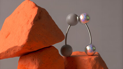 Abstract arrangement of orange rocks and connected spheres on a neutral background space scene