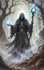 fantasy wight sorcerer powerful mage fallen to darkness casting necromantic spells undead magic creature ethereal horror supernatural being dark enchantment gothic fantasy art fantasy monster illustra