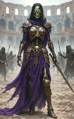 fantasy zombie gladiator queen fierce undead ruler of the arena commanding army of undead fighters fearsome warrior leading eternal battle mythical monster captivating character design epic fantasy ar