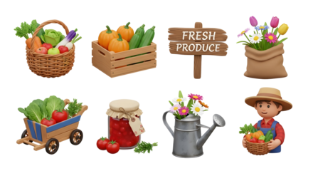 3d rendered spring farmers market icon set with fresh produce, flowers, and vintage farming tools