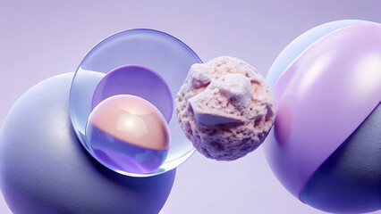 Abstract pastel spheres and textured rock floating in a lavender colored background scene render
