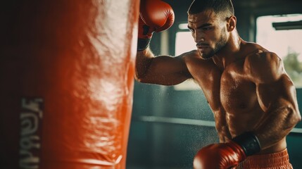 Muscular male boxer practicing punches on a punching bag.