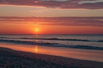 Fototapeta premium Stunning Beach Sunset Silhouette Over Sand and Ocean Horizon