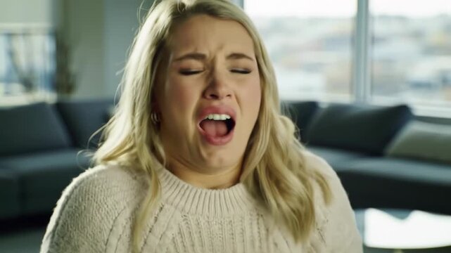 Young woman in emotional distress crying and shaking indoors during daytime. Concept of panic attack, anxiety disorder, mental health struggle, emotional breakdown