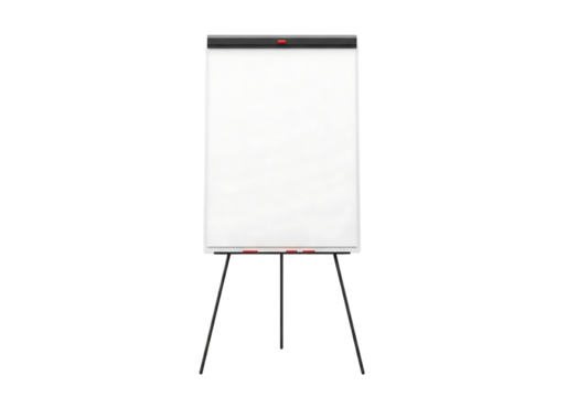 Blank white flip chart on a tripod easel stand. Office presentation board. Isolated on transparent background, png