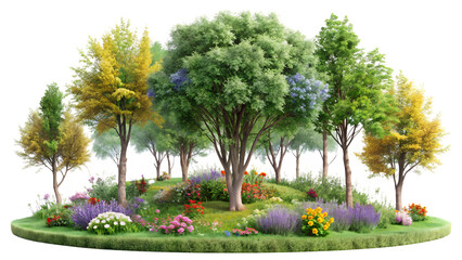 A beautifully manicured garden island features a variety of trees colorful flowers and lush greenery all isolated on a transparent background