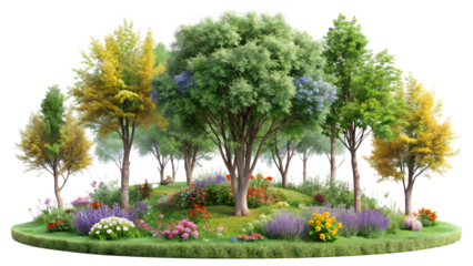 A beautifully manicured garden island features a variety of trees colorful flowers and lush greenery all isolated on a transparent background