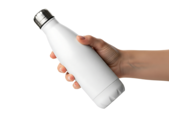 Hand holding white reusable water bottle. Insulated steel thermos mockup. Isolated on transparent background, png