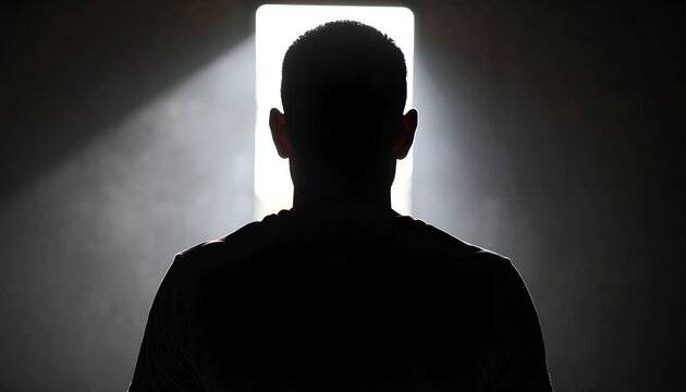 Man Silhouette with Light, Hope, and Dark Room.