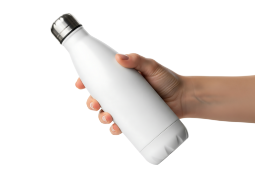 Hand holding white reusable water bottle. Insulated steel thermos mockup. Isolated on transparent background, png