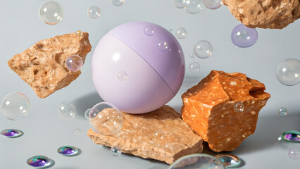Still life of a lavender sphere with rocks and bubbles on a light blue background in studio lighting
