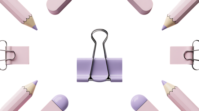Photo of a pastel arrangement of pink pencils and purple binder clips isolated on transparent background