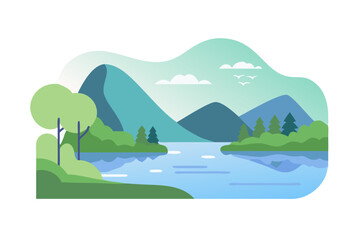 Serene mountain lake with lush greenery and birds flying