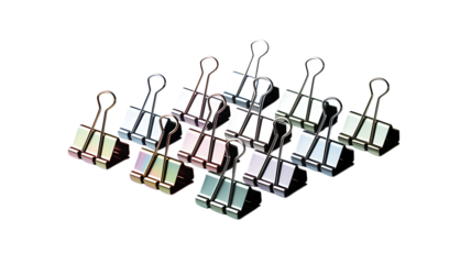 Photo of a grid of metallic binder clips arranged on white background